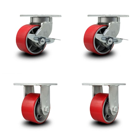 Service Caster 6 Inch Heavy Duty Red Poly on Metal Caster Swivel Lock/Brake 2 Rigid, 2PK SCC-KP92S630-PUR-RS-SLB-BSL-2-R-2